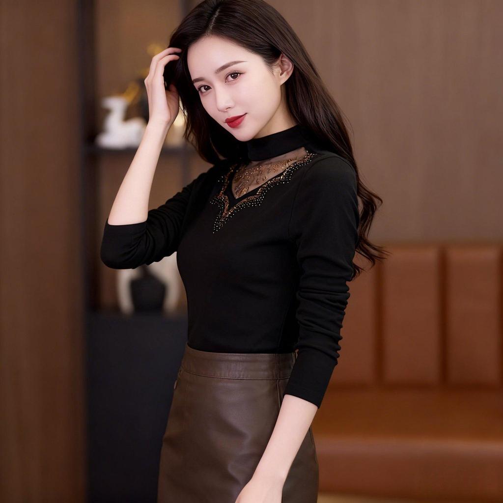 Elegant Mesh Tummy-Covering Long Sleeve Top for Mature Women