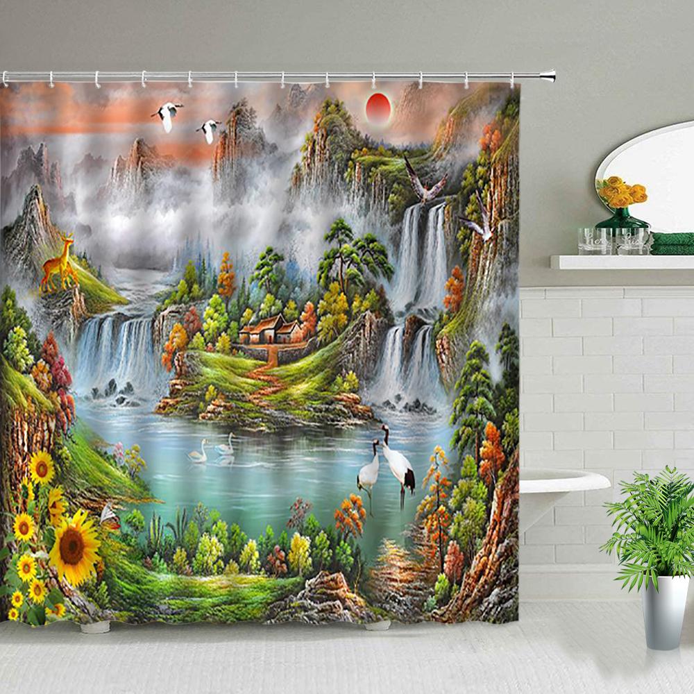 Rideaux de douche Forêt de plantes tropicales vertes Arbre de palmier Fleur Oiseau Feuilles Impression 3D Décor de salle de bain Rideau de bain imperméable