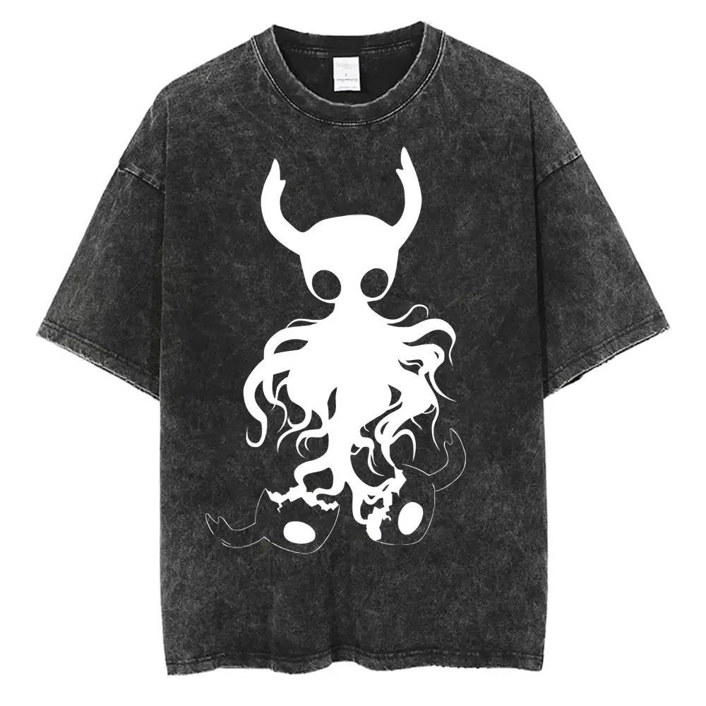 Hollow Knight Vintage Washed Gaming Merch Grafik T-Shirt Unisex Unisex Lässig Oversized Baumwoll-T-Shirt für Cosplay Cartoon-Fans