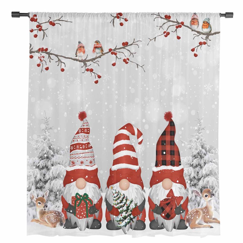 Berry Robin Christmas Dwarf Deer Snow Scene Sheer Curtains Living Room Decoration Window Curtains Kitchen Tulle Voile Curtains