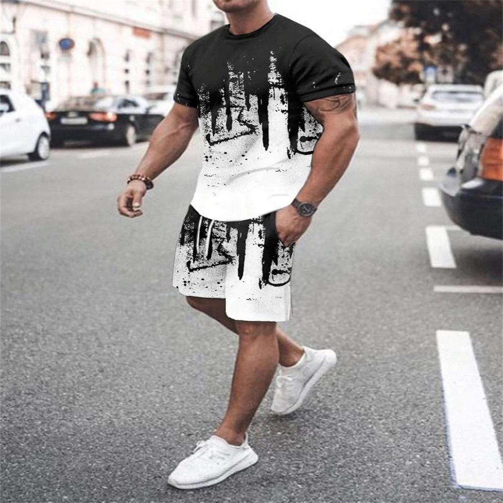 Summer Trend Fashion Men's Gradient Short-Sleeved Shorts Set 3D Print Retro Sports T-Shirt Two-Piece Men Streetwear Sportswear