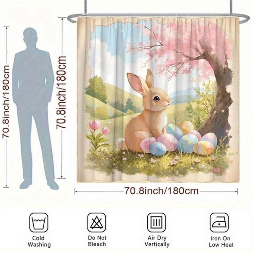 1pc Easter Rabbit Shower Curtain - Colorful Eggs, Cherry Blossoms, Spring Scene, Polyester, 70.8x70.8", 12 Hooks