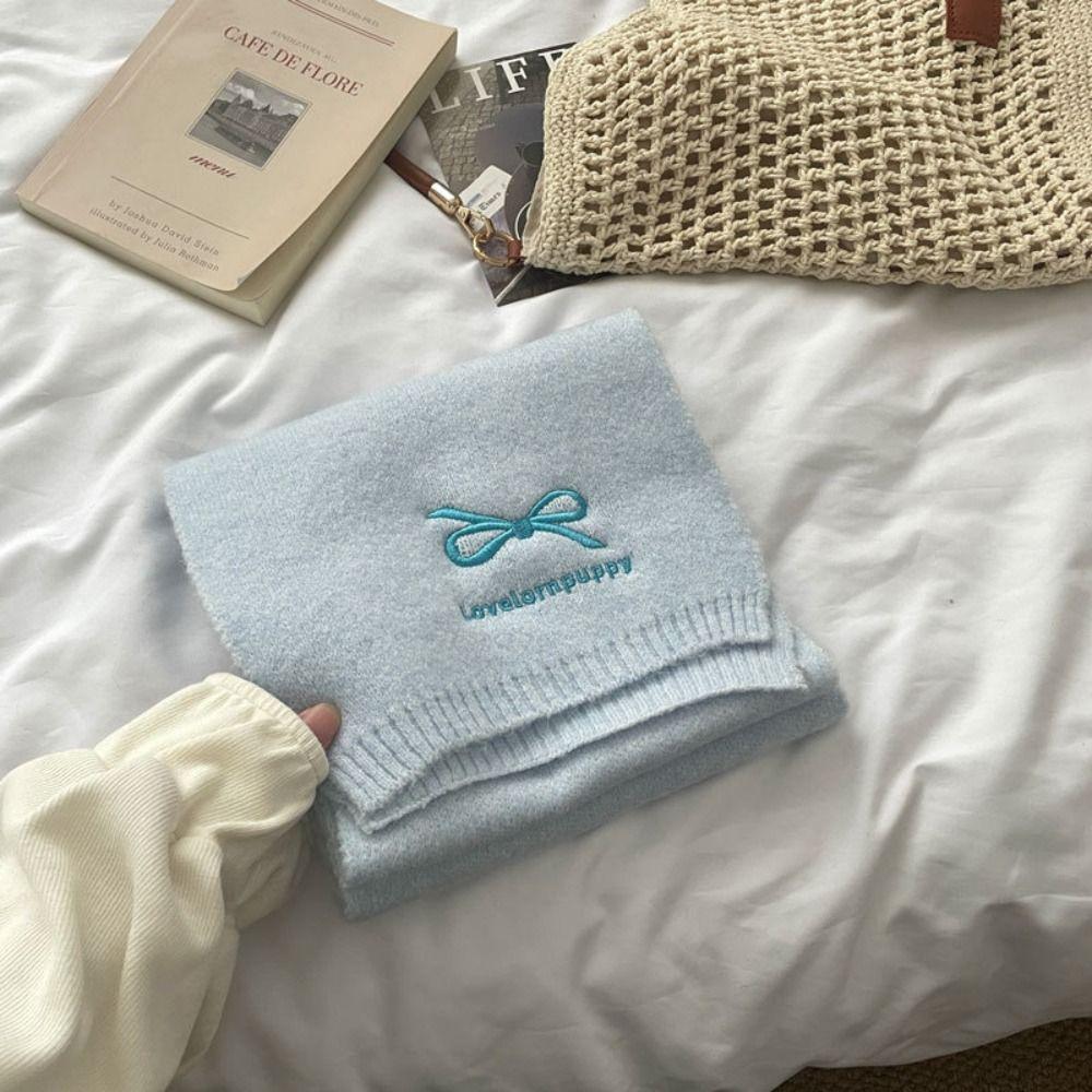 Bowknot Embroidery Bow Scarf Cashmere Wool Shawl Simple Knitted Scarves  Girl
