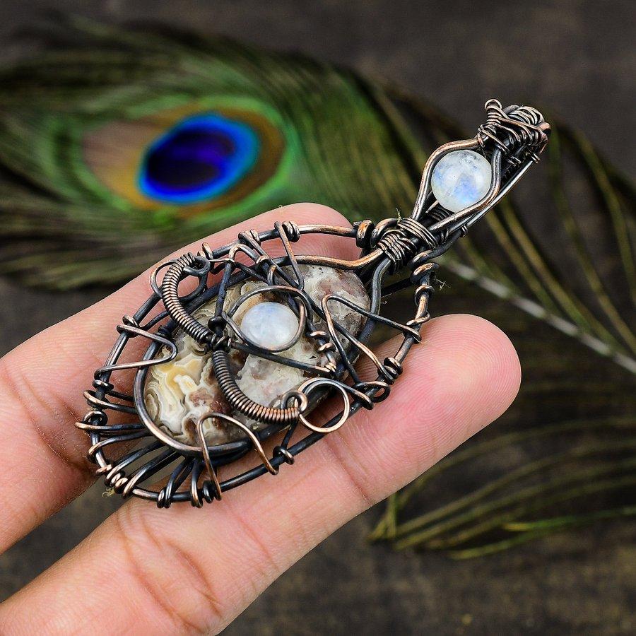 Crazy Lace Agate, Moonstone Copper Wire Wrap Jewelry Pendant 3.15" Q6J64