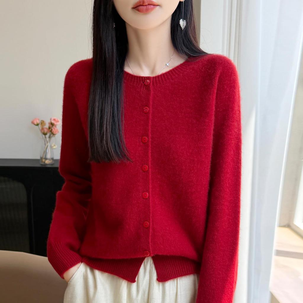 Women's Round Neck Loose Wool Cardigan - Autumn/Winter Seamless Knit, Seven-Stitch, Long Sleeve Sweater.