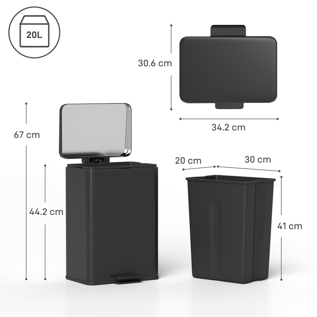 20L Kitchen Bin with Soft-Close Lid and Stay-Open Function, Stainless Steel Pedal Bin with Removable Inner Bucket for Kitchen, Office, Home