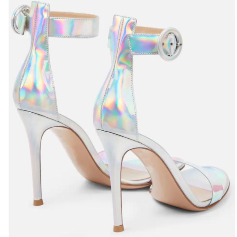 Women's Sandals Summer 2025 Patent Sexy Peep toe Stiletto High Heels Luxury Silver Strappy Wedding Dance Shoes Ladies Big Size