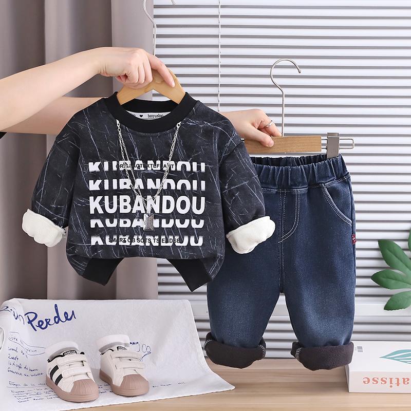 Boys' long sleeved 2-piece set, children's autumn and winter fleece hoodie+denim pants set, children's handsome clothes