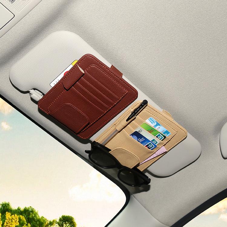 Multifunctional Leather Car Sun Visor Organizer with Glasses Clip and Card Holder