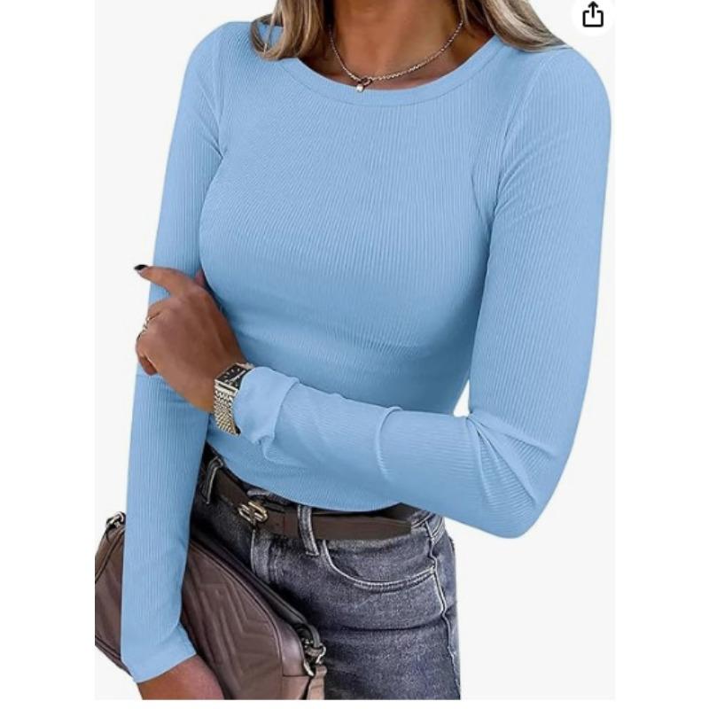 New women's long-sleeve stretch round-neck ribbed shirt, slim-fit casual basic top