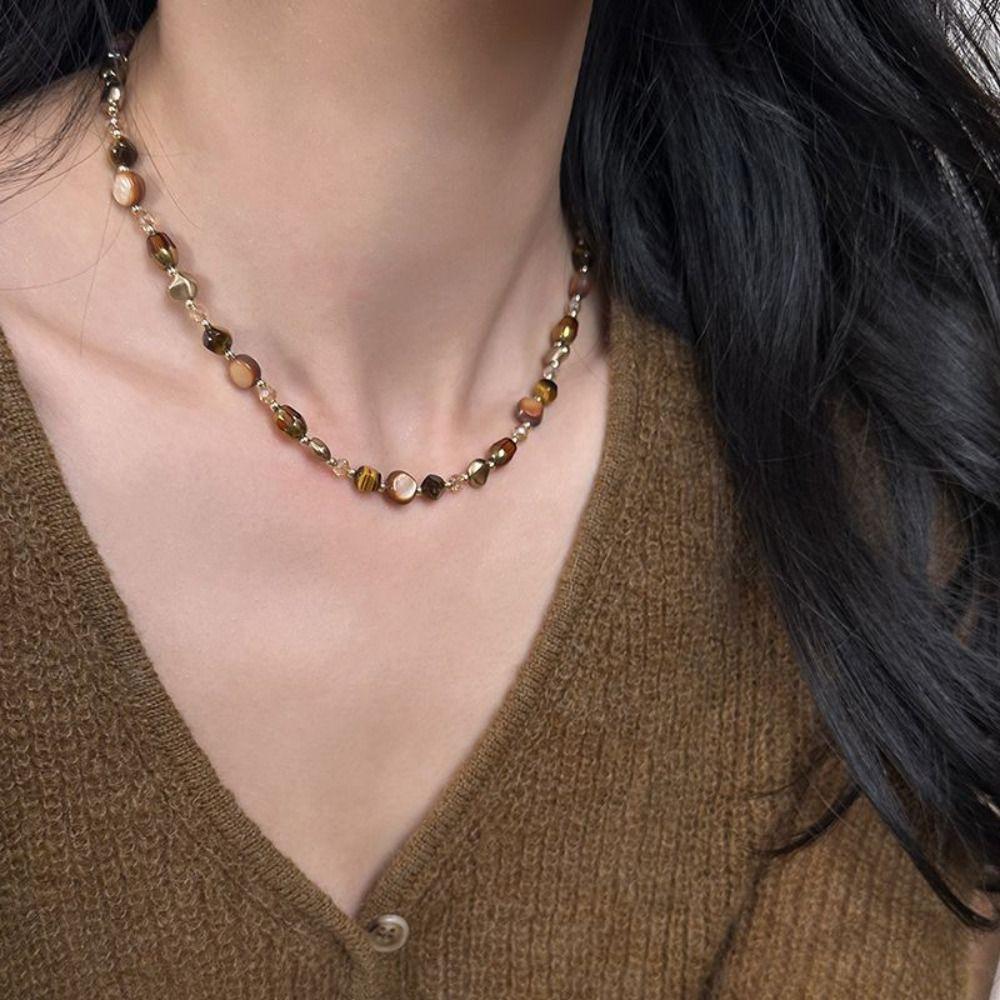 Brown Natural Tiger Eye Stone Vintage Choker Necklace New Trendy Beaded Chain Necklace  Gift
