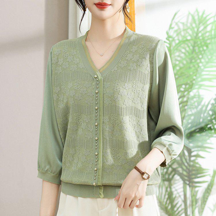 

Women s Lace Patchwork V-Neck 3/4 Sleeve Slimming Top for Middle-Aged and Elderly 2XL (suggested 57.5-70 kg) зелений