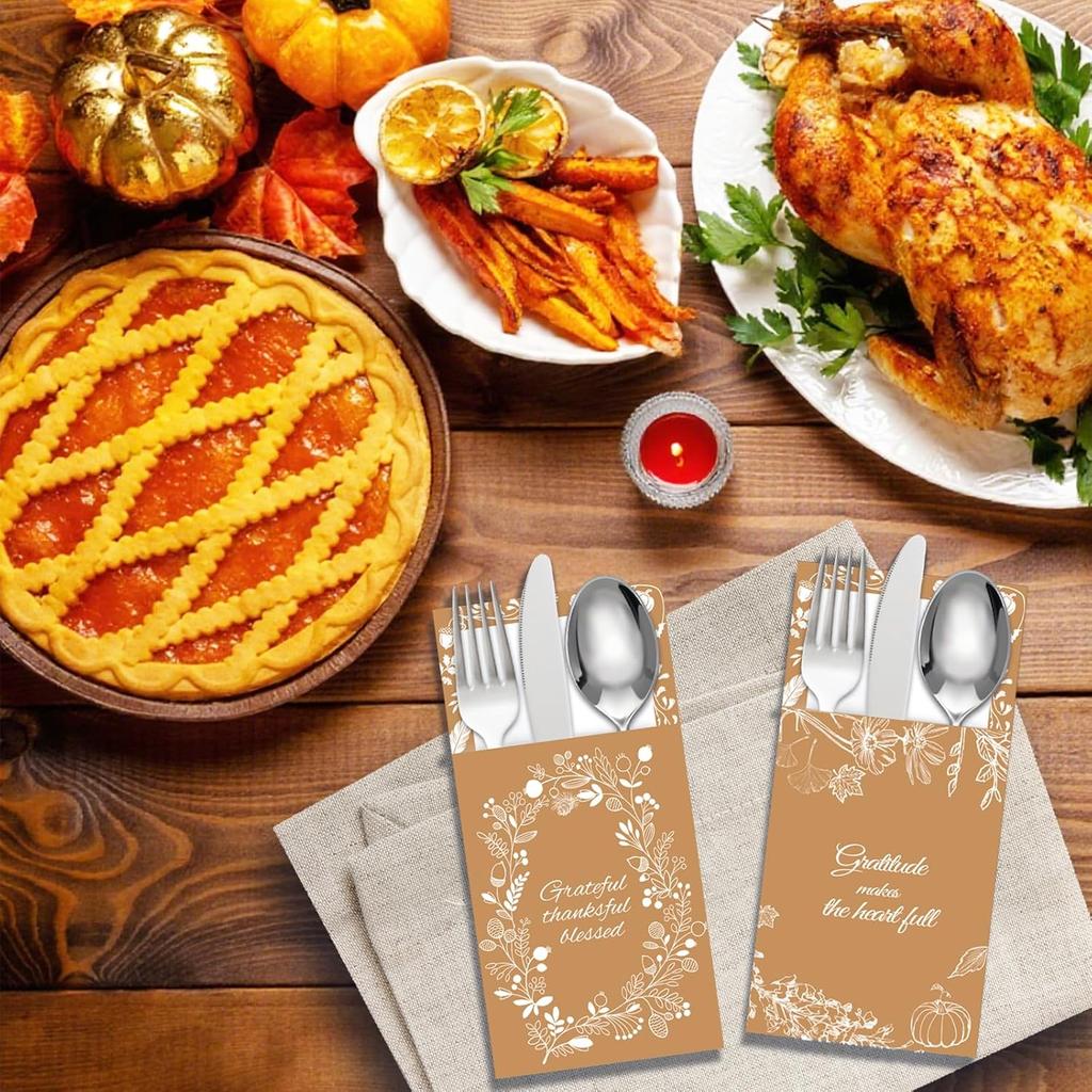 42PCS Thanksgiving Table Decor Cutlery Holder Set - 6 Thanksful Decorations Utensil Holder for Dinner Party Autumn Family Harvest Table Supplies