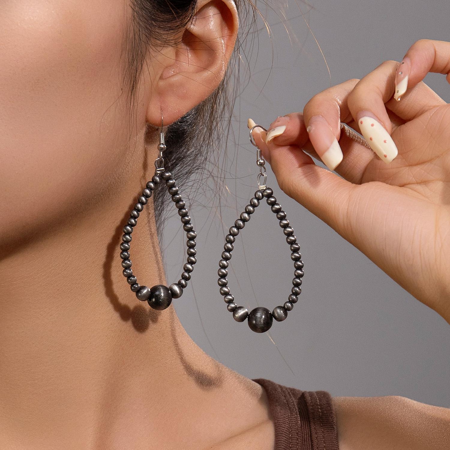 

Fashionable retro droplet shaped brushed CCB bead ring Navojo bead pendant for women, versatile earrings for daily use