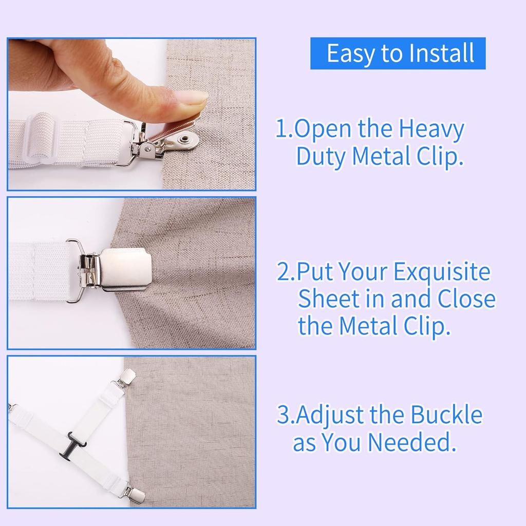 MENDENG Bed Sheet Straps Queen Fitted Sheet Straps Sheet Holders for Corners King Size Mattress Straps Suspenders Gripper White 4P