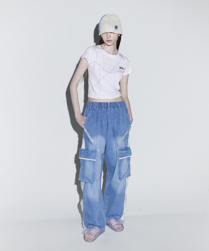 Aleseueseussi Wrinkle Mixed Cargo Denim Pants - L/De