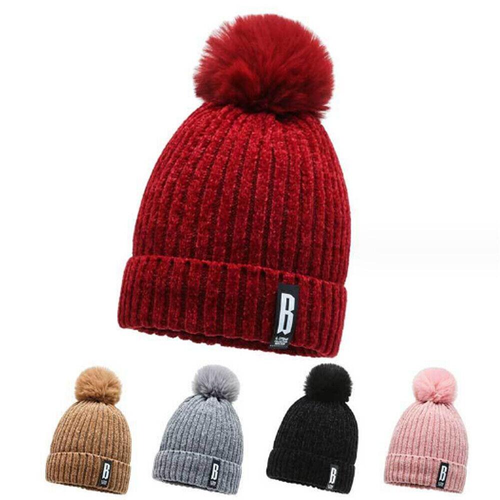 Knitted Bobble Hat Ladies Kids Beanie Warm Winter Pom-Pom Woolly Matching Cap