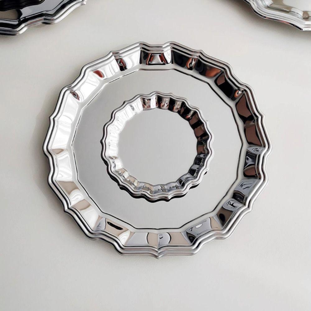 Retro Stainless Steel Cake Tray Round Luxury Jewelry Storage Plate Photo Props Silver Dessert Plate Home Decoration