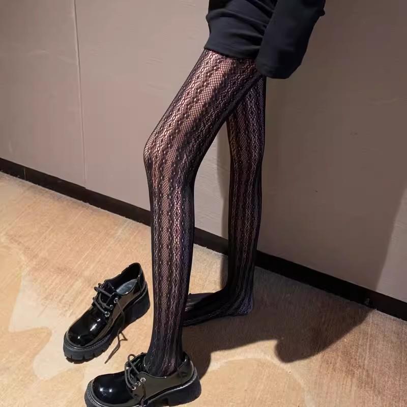 Vertical Striped Floral Stockings Hollow Out Lace Fishnet Tights Fashion Sheer Pantyhose For Women Sexy Spring Summer Leggings