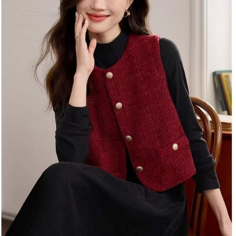 Women S Sleeveless Burgundy Tweed Vest Vintage Style Outerwear