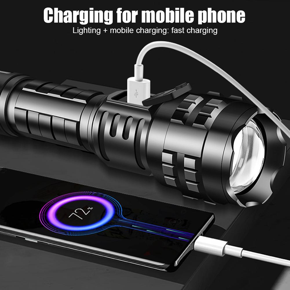 Powerful LED Flashlight Zoomable Torch Type-C Rechargeable Camping Lantern 5Modes Outdoor 26650 Power Bank Lights