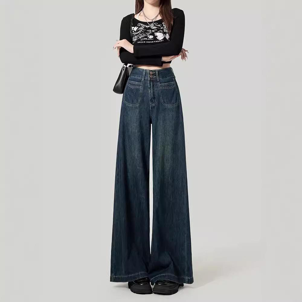 Women's High Waist Plush Wide-Leg Jeans - Autumn/Winter, Loose Fit, Slim, Straight Cut