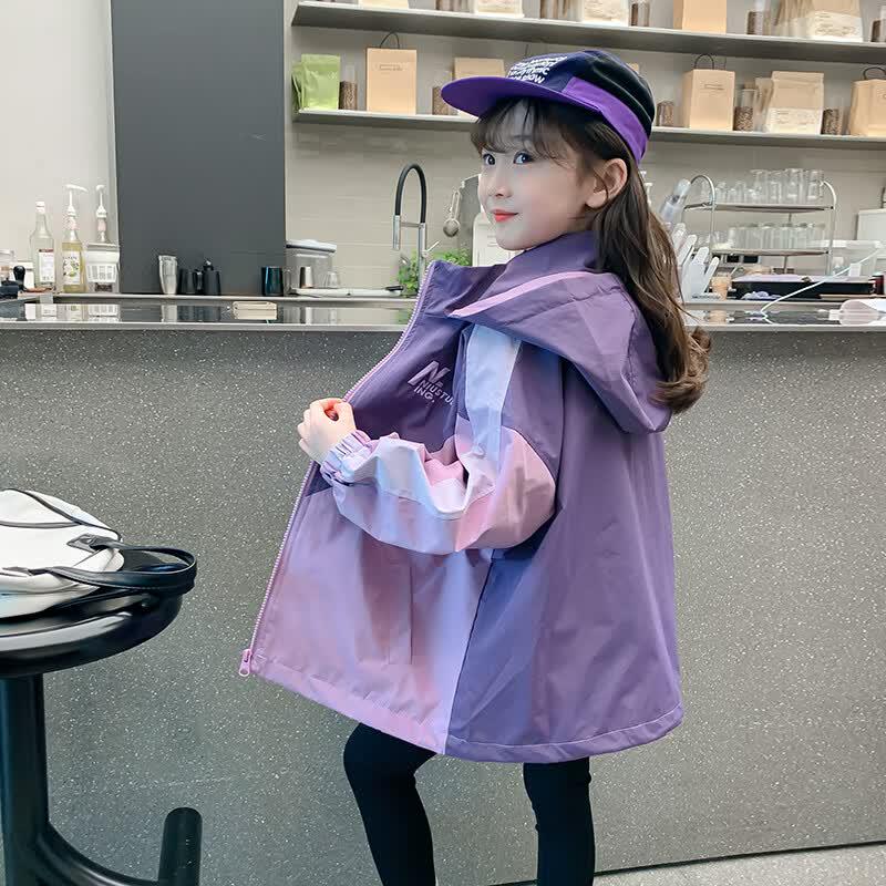 Girls' 2026 Spring Autumn Waterproof Hooded Windbreaker