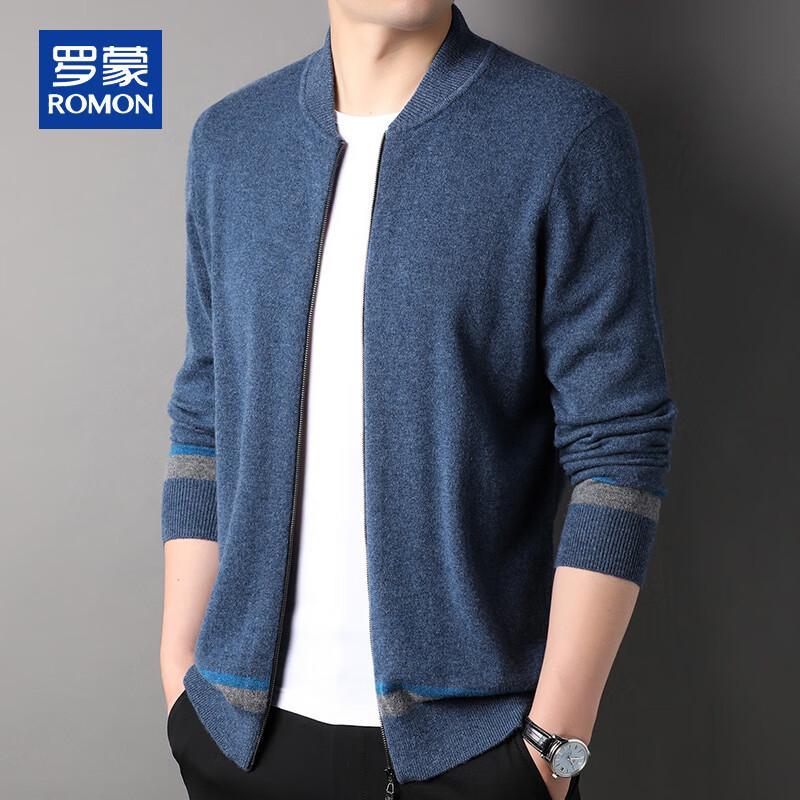 ROMON Men's 100% Cashmere Baseball Collar Zipper Cardigan