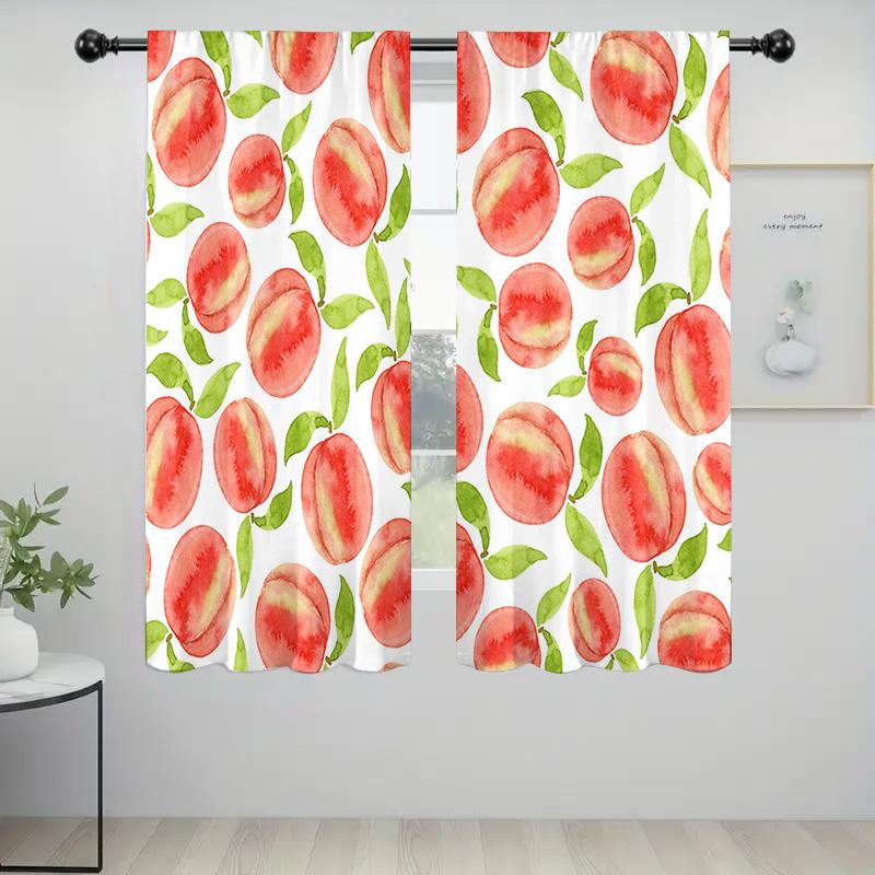 2PC Peach Watercolor Curtains, White Green Leaf Print Drapes, Fresh Floral Living Room & Bedroom Decor, Soft Sheer Window Panels