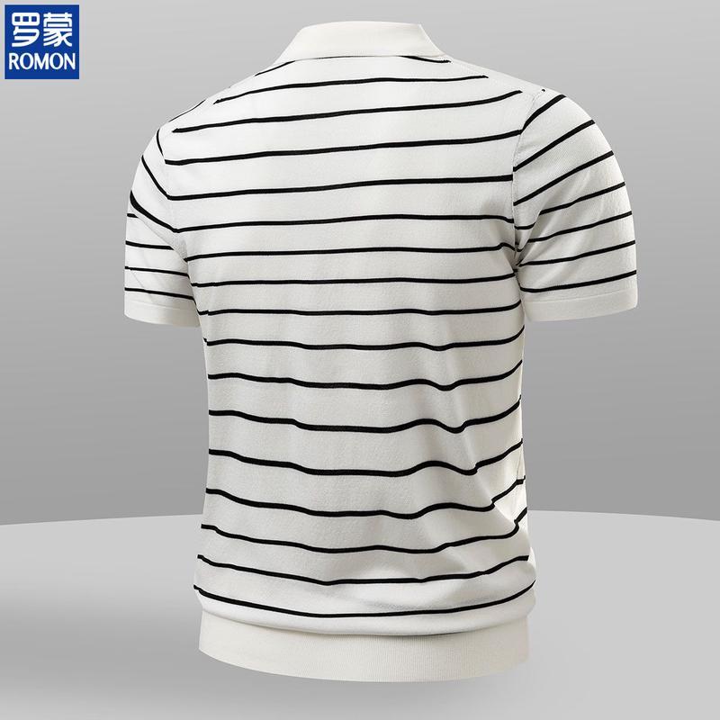 ROMON Men's Lyocell Ice Silk Striped Knit Polo Shirt