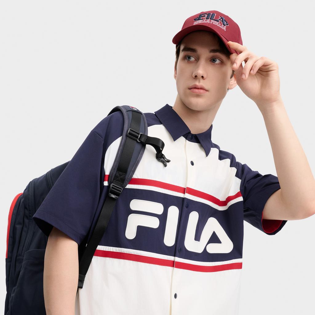 FILA Original Breathable Trendy Color Block Woven Moisture-Wicking Short Sleeve Shirt Men shirts Cloud-Mushroom-White F11M439403FWT