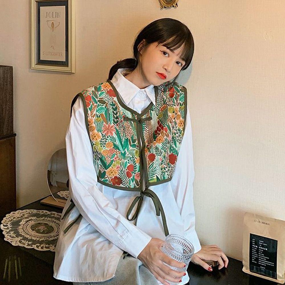 Motif Aléatoire Gilet Brodé pour Femmes Gilet Vintage à Lacets Mode Faux Col Capelet Féminin