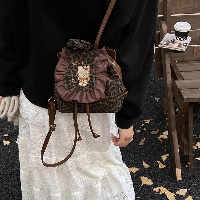 Hello Kitty Rucksack im koreanischen Retro-Stil mit Spitze und Leopardenmuster