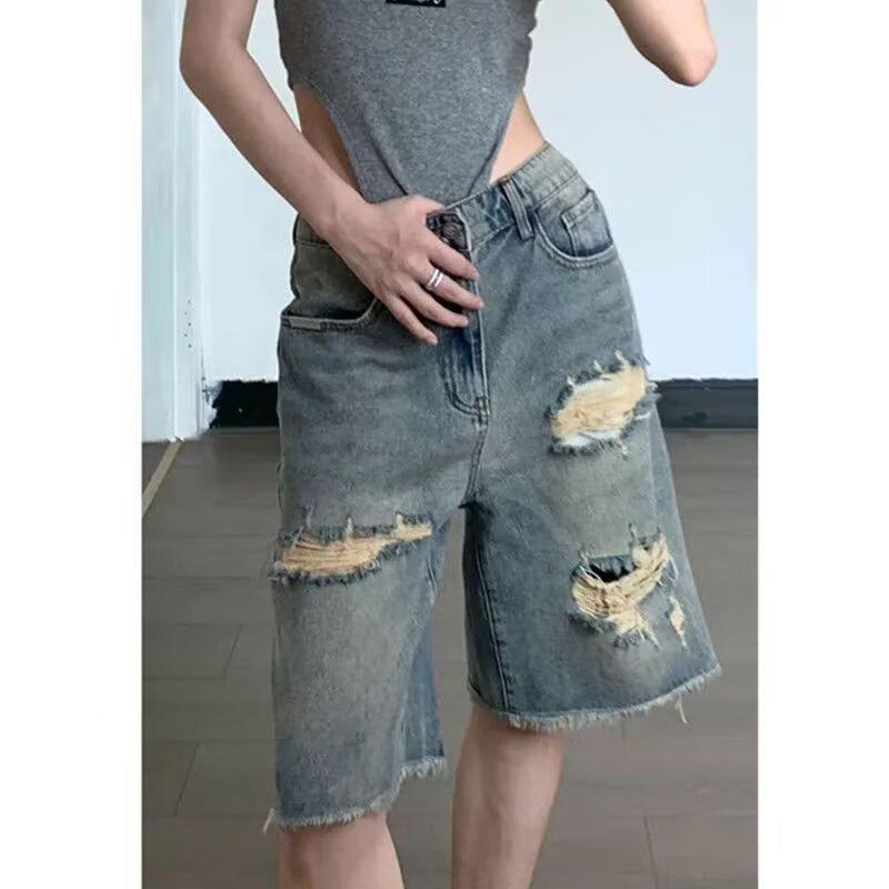 Women's High Waist Denim Shorts - Ripped Raw Edge, Slimming, Mid-Length Straight Leg Jeans Trend