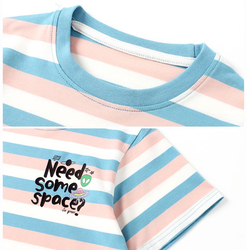 Kız Çocukları İçin Uyumlu Çizgili Kısa Kollu Tişört Çocuk Yazlık Nefes Alabilen Üst Yazılı