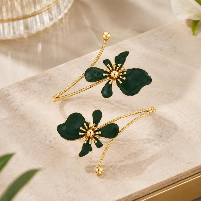Openwork Upper Arm Cuff with Two Irregular Flowers, Intersecting Gold-Tone Bands, Rounded Ball Ends, and Clasp-Free Wear