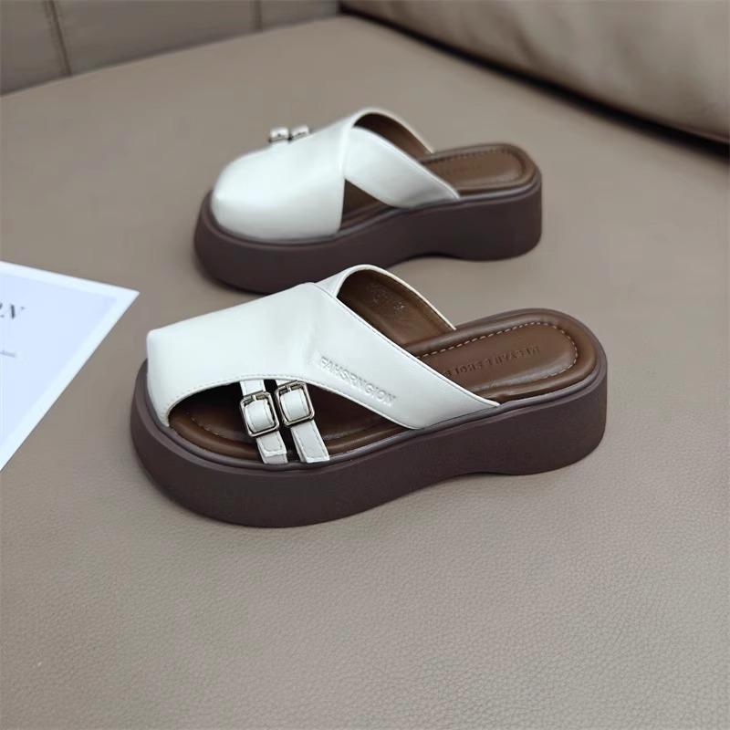 Baotou Half Slippers Women's New Leather Big Head Lazy People Wear Slippers Outside Muffin Platform Shoes