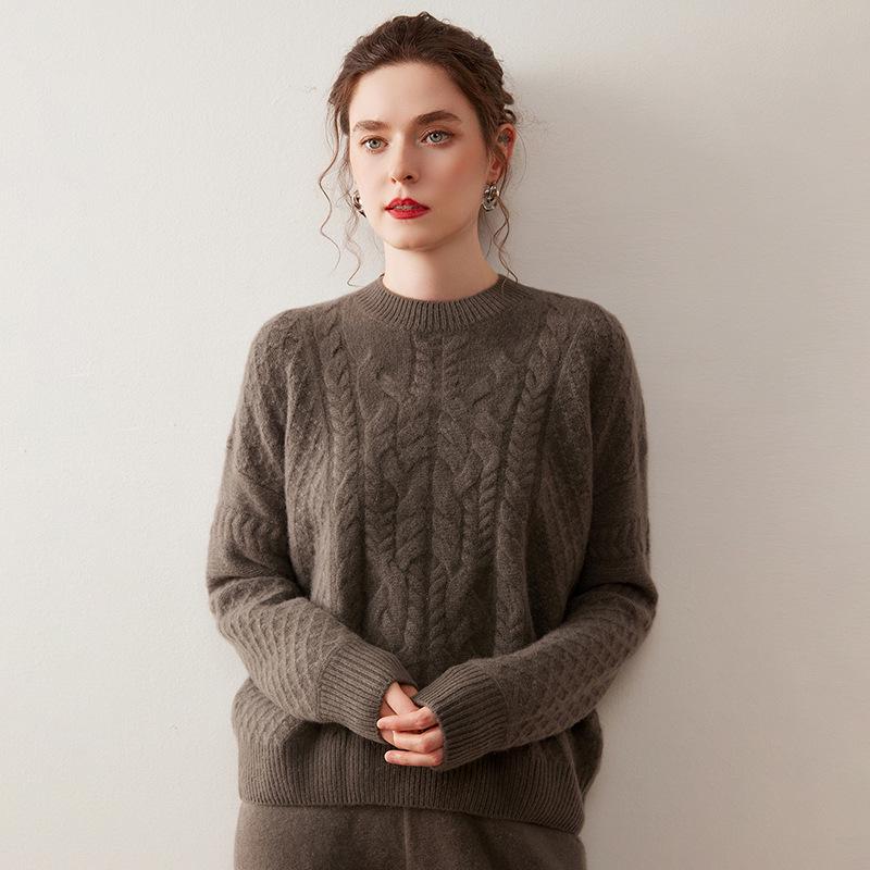 Women's Three-Ply Cashmere Sweater – Loose, Soft, Fluffy, Round Neck Pullover, Versatile Cable Knit for Autumn/Winter.