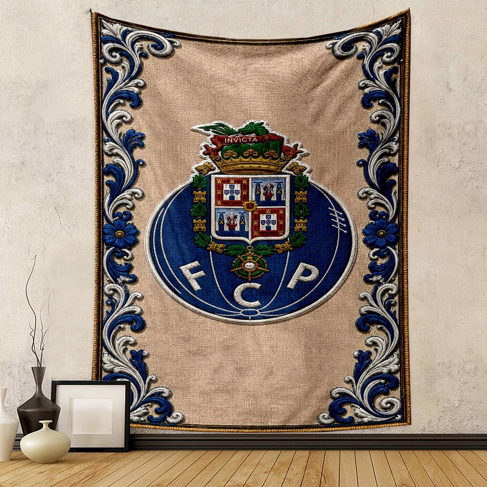 "FCP Emblem with Ornate Blue Border" Patterned Tapestry Decorative Wall Hanging, Home Bedroom Living Room Decor