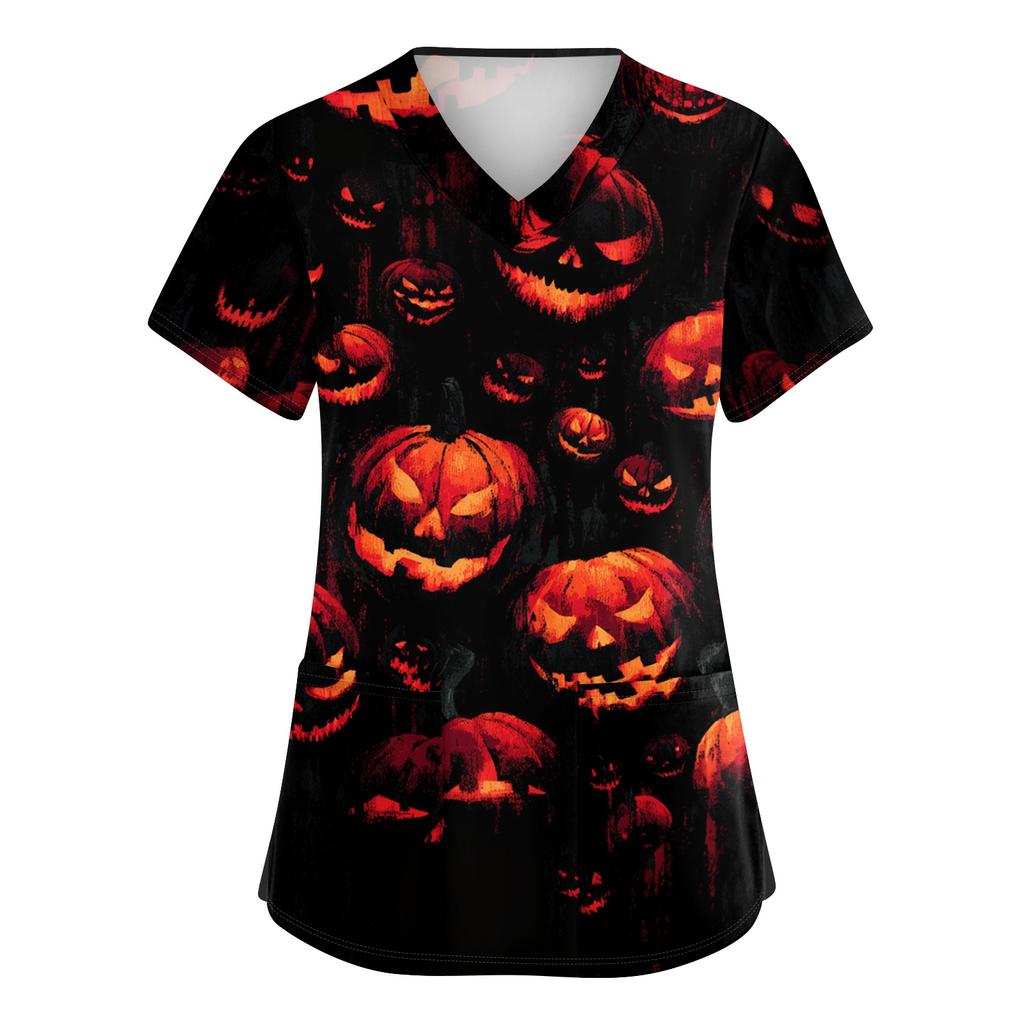 Women's V Neck Short Sleeve Work Top with Pockets Halloween Print Medical Uniform Shirt for Caregivers and Healthcare Professionals