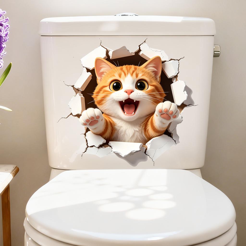 Cute Orange Cat Breaking Through Wall Self Adhesive Toilet Tank Sticker Waterproof