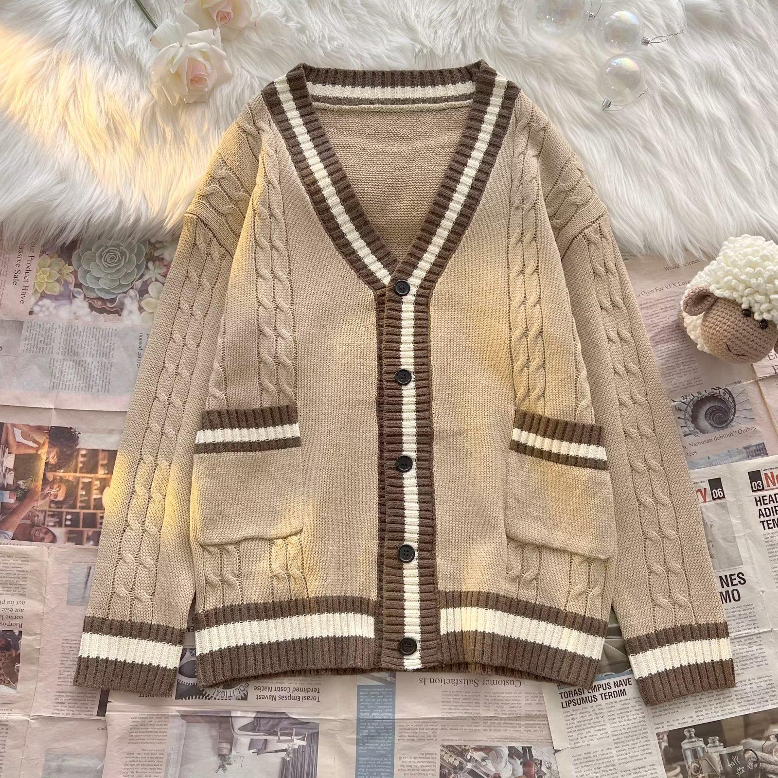 Мужской модный винтажный вязаный кардиган-свитер - свободный крой S абрикосовый