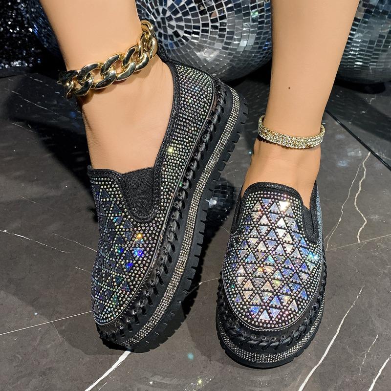 Fashion Low-top and Thin Foot Casual Single Shoes Women's Large Size Thick-soled One-pedal Rhinestone Single Shoes