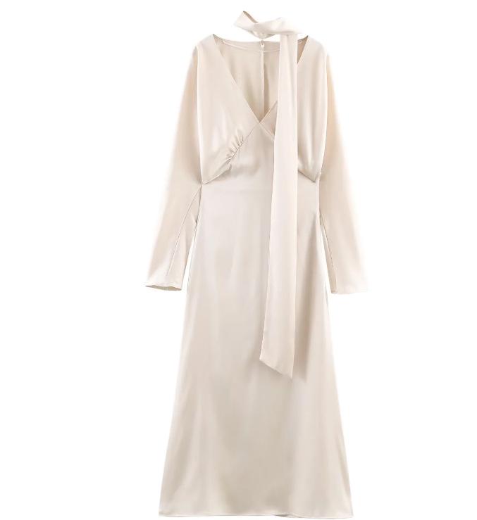 European American Women's Silk Satin Scarf Dress - Fashionable and Slim-Fitting with Chic Temperament
