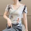 Summer New Mesh Women's Short Sleeved V-neck Top Fashionable Base Shirt Stylish and Chic Ice Silk T-shirt