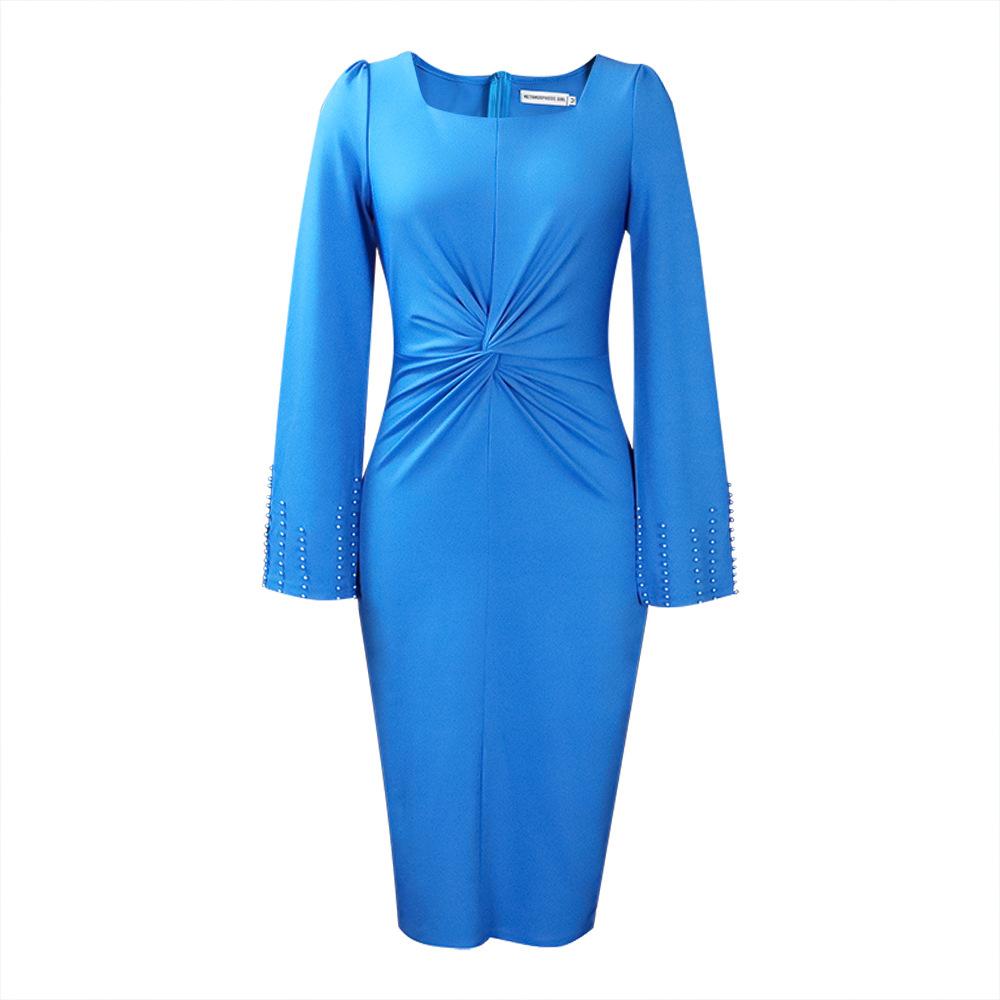 

Жіноча сукня-футляр великого розміру весна-осінь з довгими рукавами і квадратним коміром XXXL молодіжний синього кольору