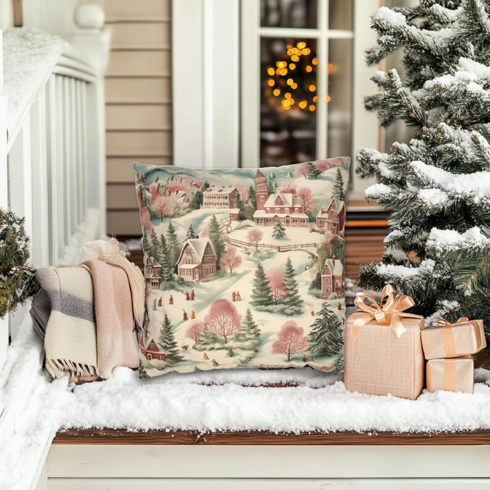 Pink Mint Green Christmas Pillow Vintage Style Christmas Village Pink Pillow Christmas Day Pillow Pink Decorative Gift