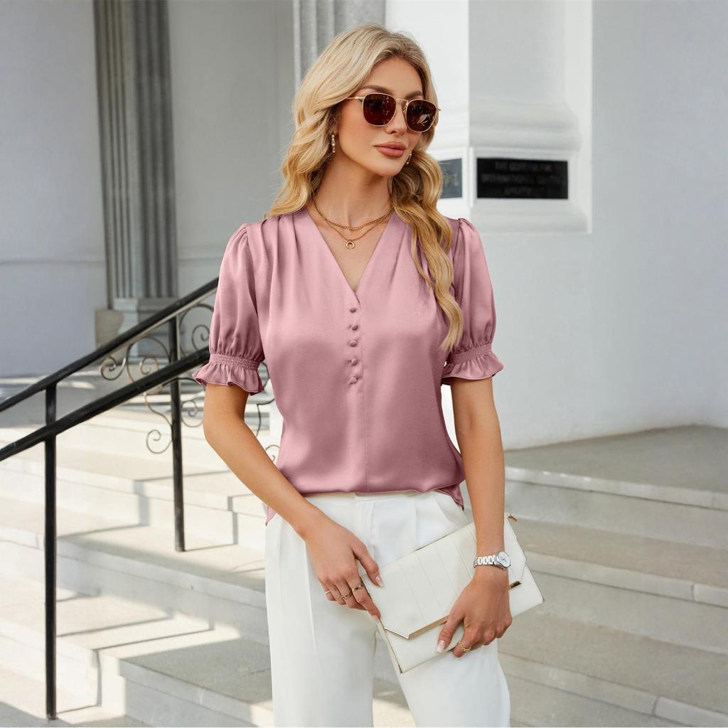 Women Stain Tops Short Sleeve Blouse V Neck Shirts Business Casual Outfits