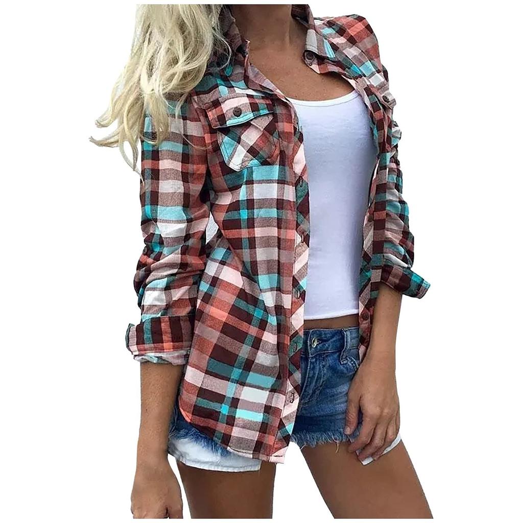 Women's Fashion Casual Long Sleeve Plaid With Pocket Button Cardigan Jacket