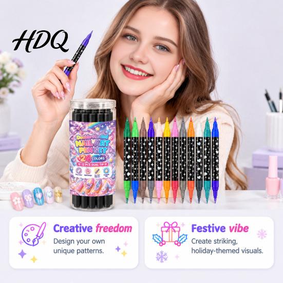Nail Stippling Pens 12Pcs 24 Color Dual-Ended Art Set Dual Tip Waterproof Drawing Painting for Salon Markers Quick Dry Liner DIY Beginners